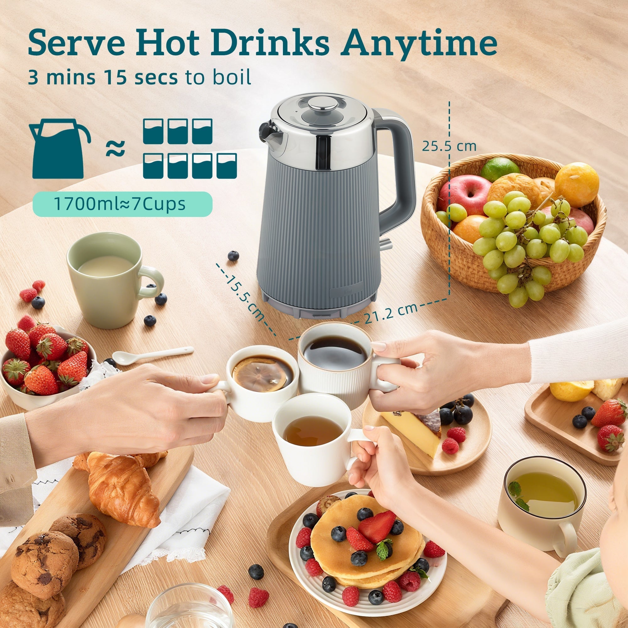 Gray homcom electric stainless steel kettle with strix thermostat and vertical ridges in toaster set with browning levels