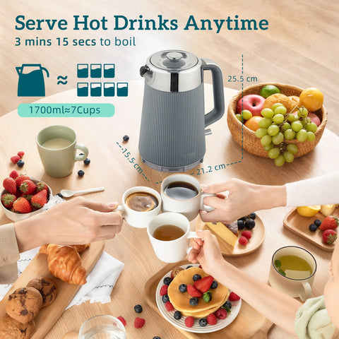 Gray homcom electric stainless steel kettle with strix thermostat and vertical ridges in toaster set with browning levels