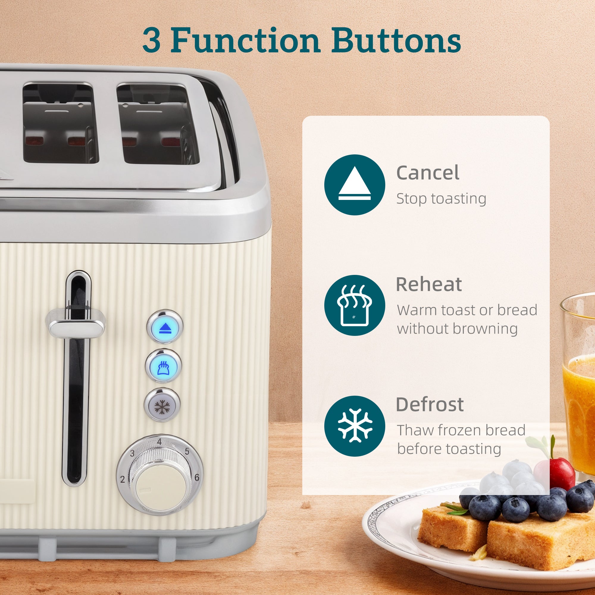 Cream-colored toaster with vertical ribs and silver accents featuring three buttons in the homcom toaster set with browning levels and strix thermostat