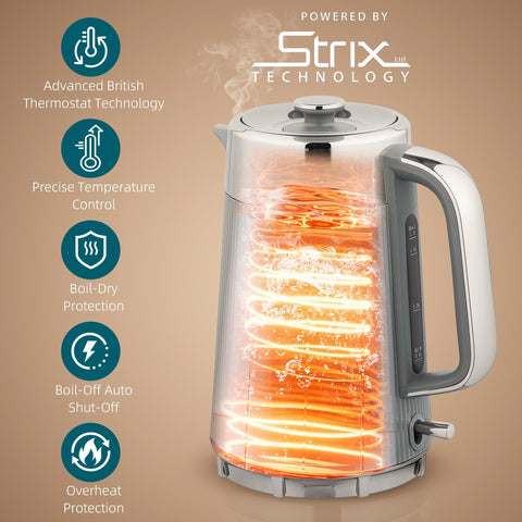 Silver and transparent electric kettle with strix thermostat visible heating element part of homcom toaster set with browning levels
