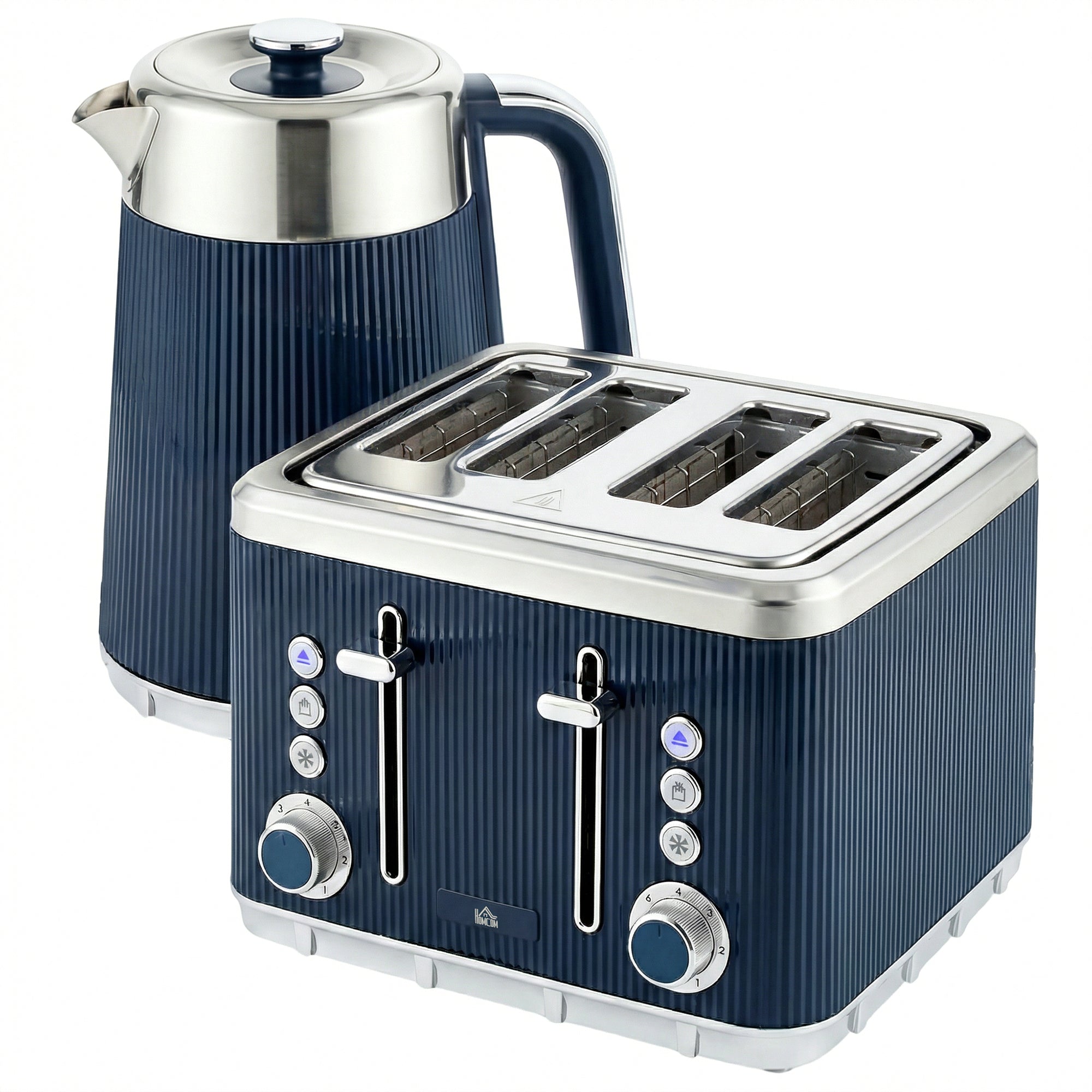 Navy blue ribbed electric kettle with strix thermostat and matching stainless steel four slice toaster set by homcom