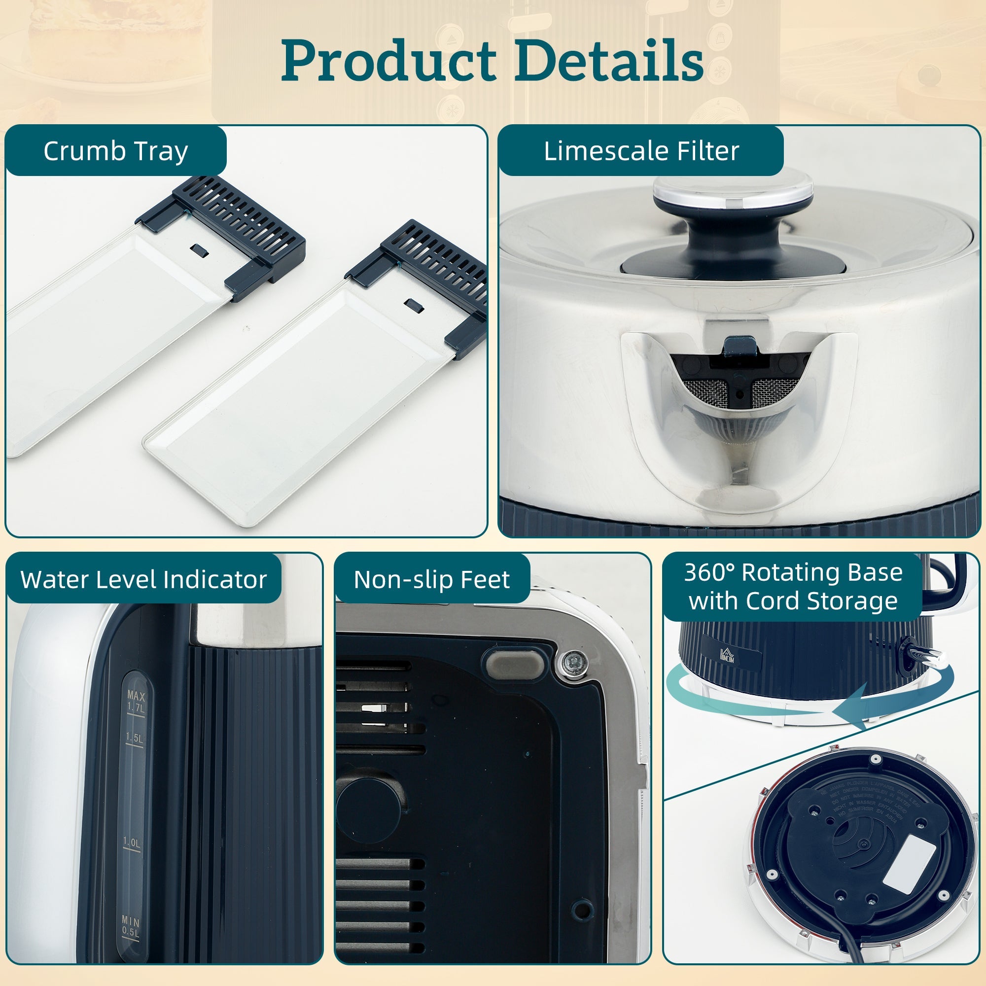 White and dark blue electric kettle with strix thermostat and 360° base from HOMCOM stainless steel toaster set