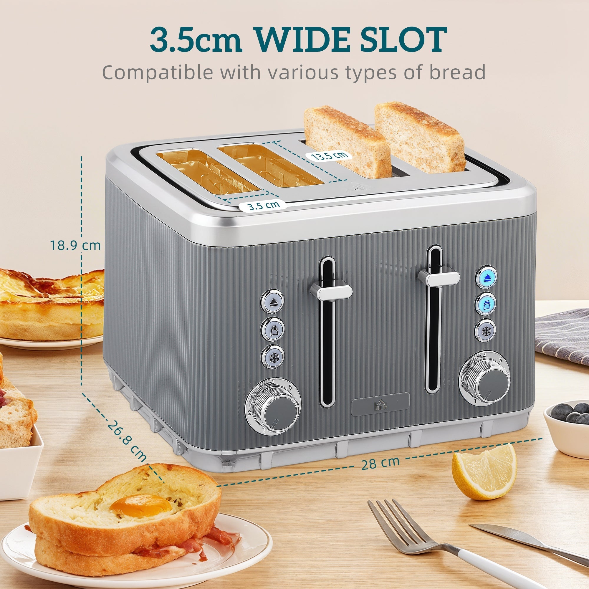 Gray ribbed 4 slice toaster with silver accents features 3.5cm wide slots and 7 browning levels in strix thermostat toaster set