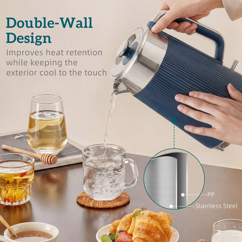 Homcom electric kettle in dark blue with ribbed stainless steel double-wall design and strix thermostat for toaster set