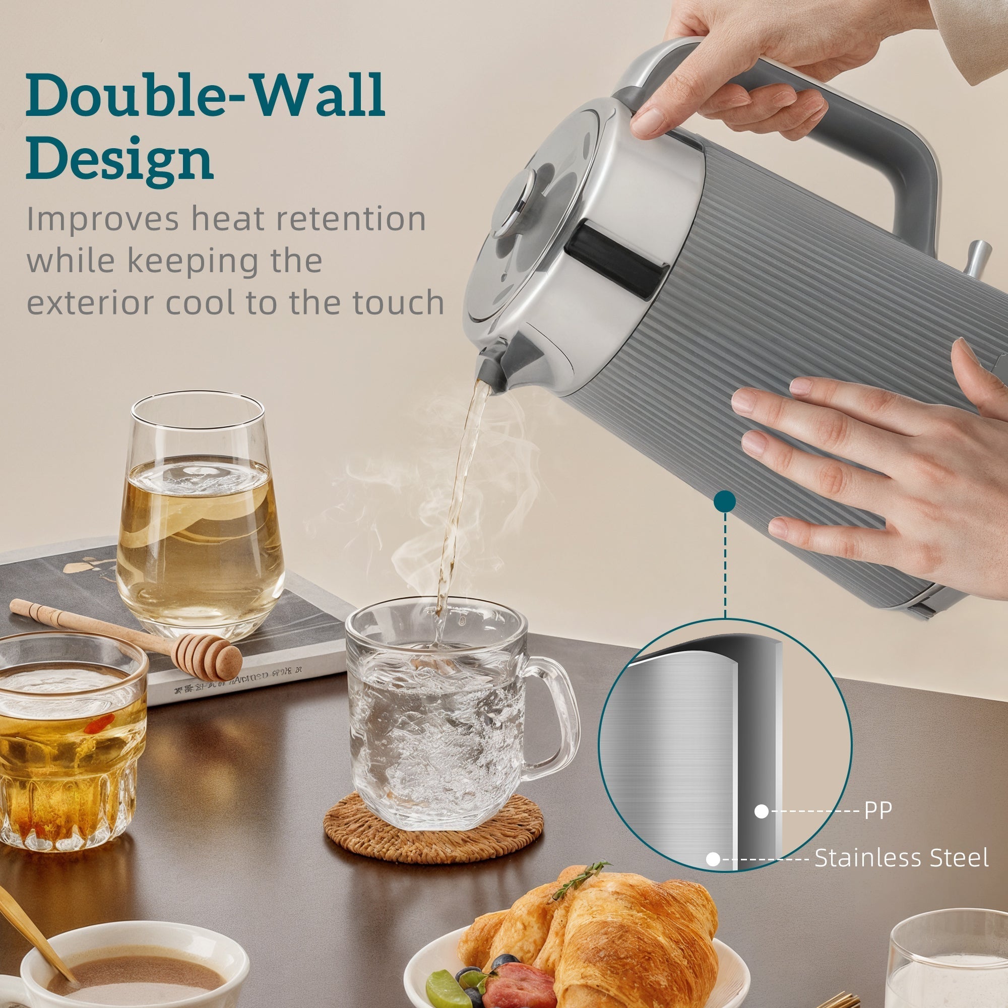 Gray homcom electric kettle with stainless steel lid handle strix thermostat and vertical ridges for grip toaster set