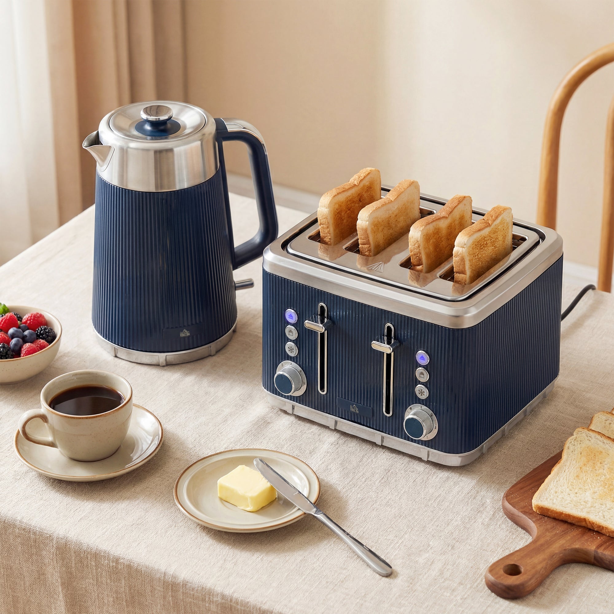 Navy blue ribbed electric kettle with stainless steel lid and handle featuring strix thermostat in homcom set