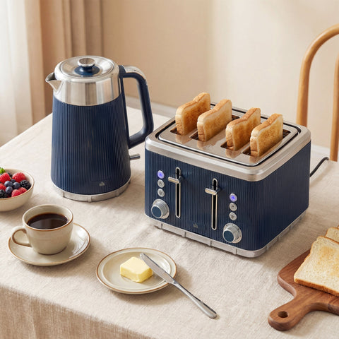Navy blue ribbed electric kettle with stainless steel lid and handle featuring strix thermostat in homcom set