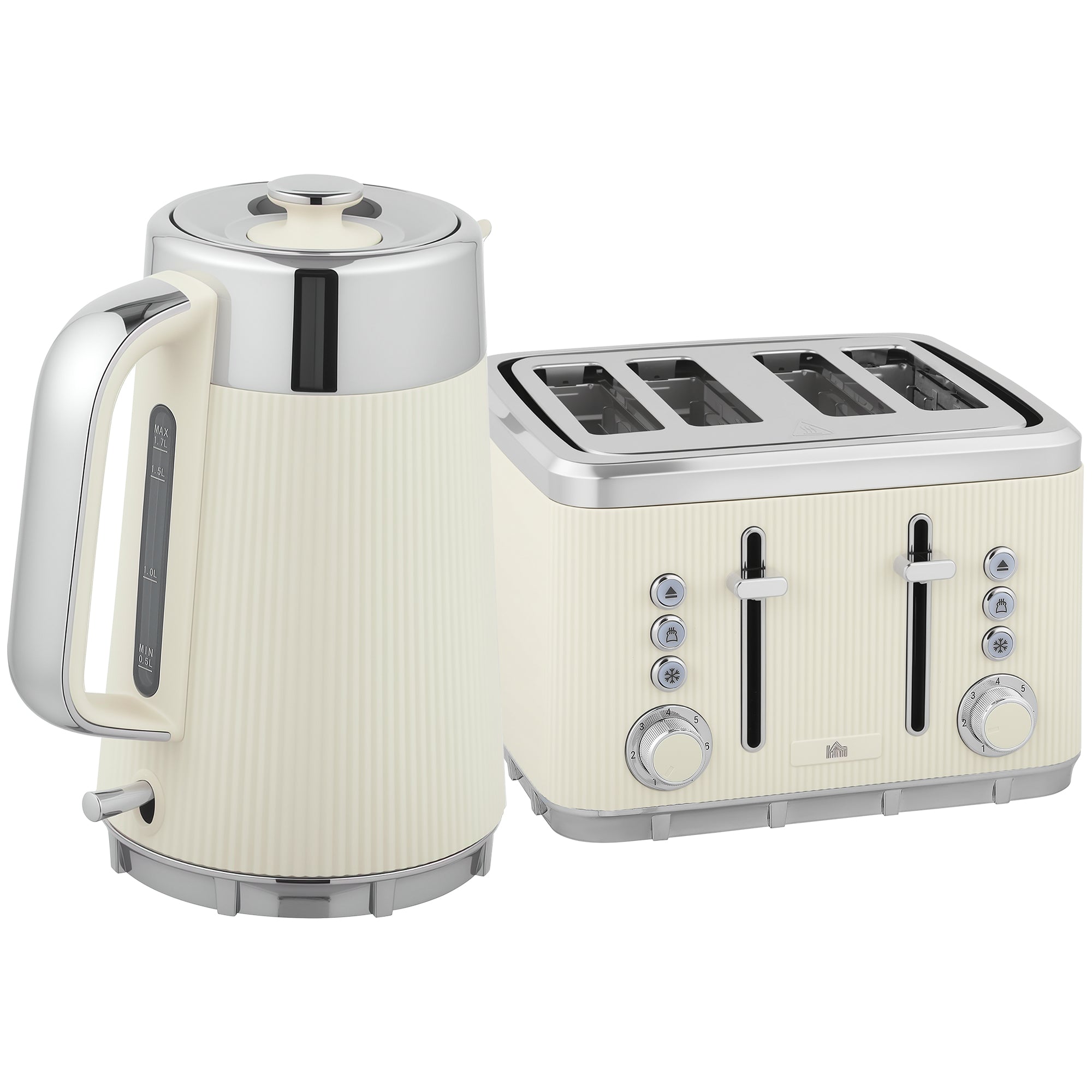 Cream-colored HOMCOM electric stainless steel kettle with strix thermostat and toaster set featuring 7 browning levels