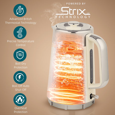 Cream-colored homcom electric kettle with transparent glass, stainless steel accents, strix thermostat, and toaster set with browning levels