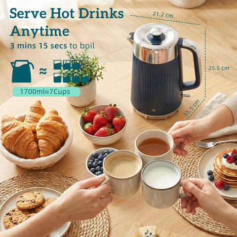 A sleek dark blue homcom electric kettle with stainless steel lid handle and strix thermostat in a toaster set
