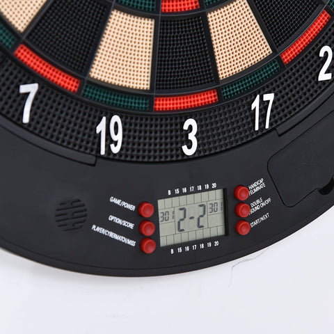 Black electronic dartboard with red green and beige segments and lcd display for darts include games and language tips