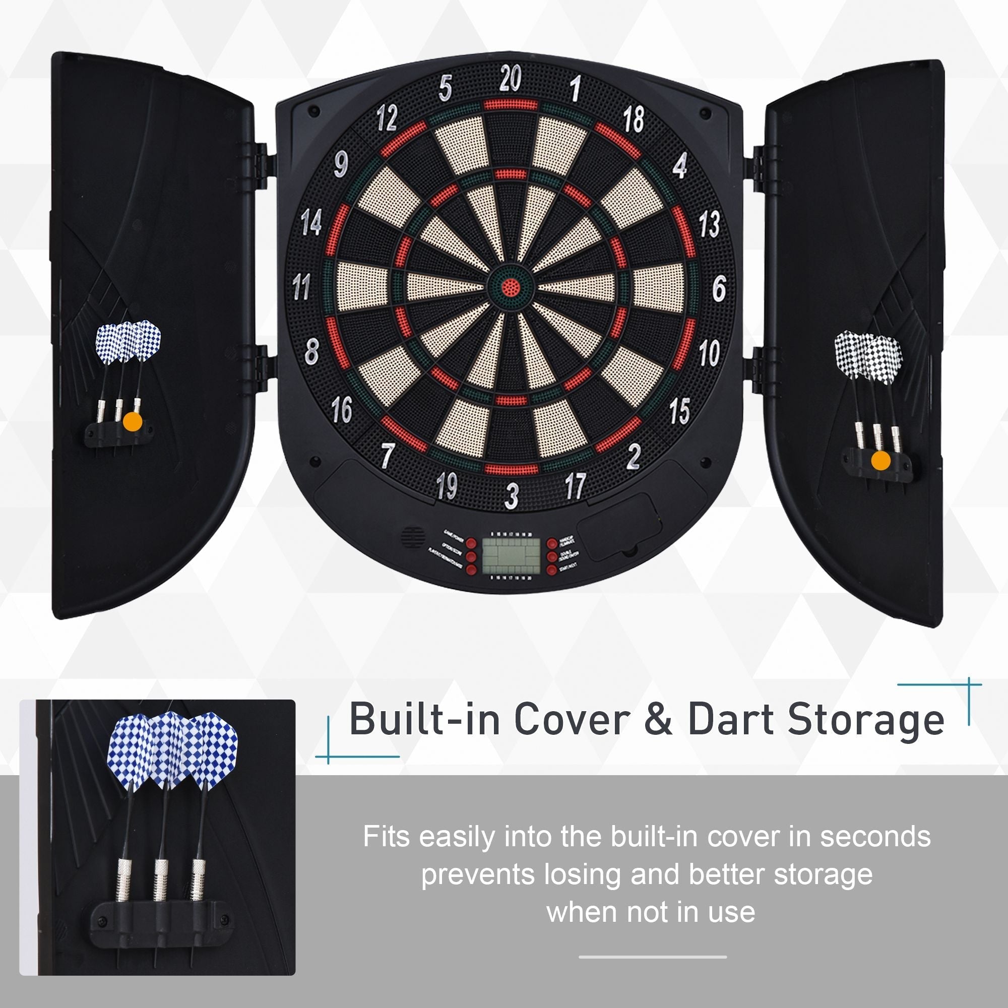 Black electronic dartboard with red and white segments, built-in dart storage, lcd display, darts include language tips