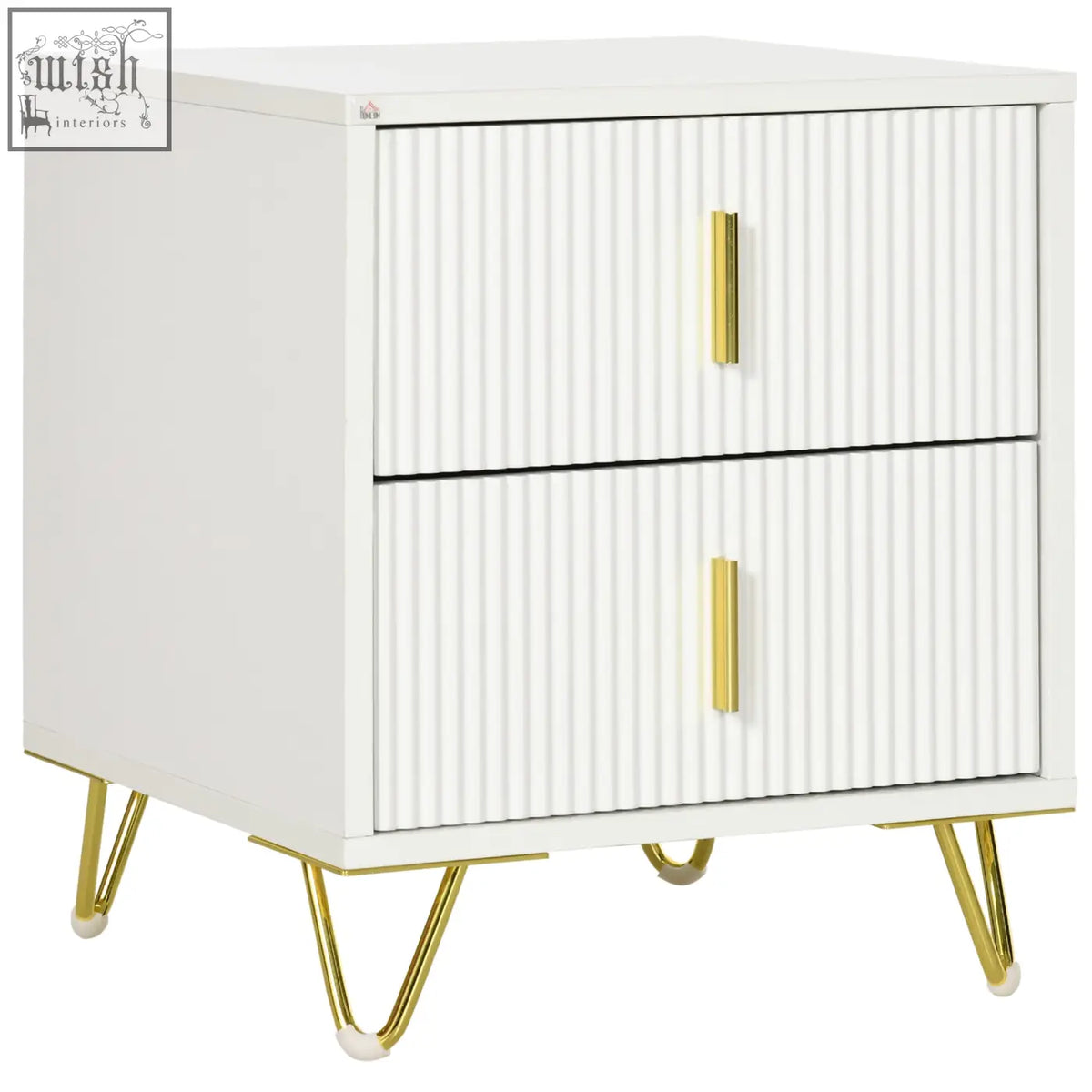 Homcom elegant chest of two drawers in white colour with particle board, gold-tone handles, and hairpin legs