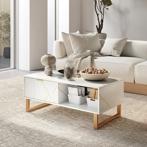 White marble effect coffee table with gold tone accents and geometric pattern 100w x 50d by HOMCOM