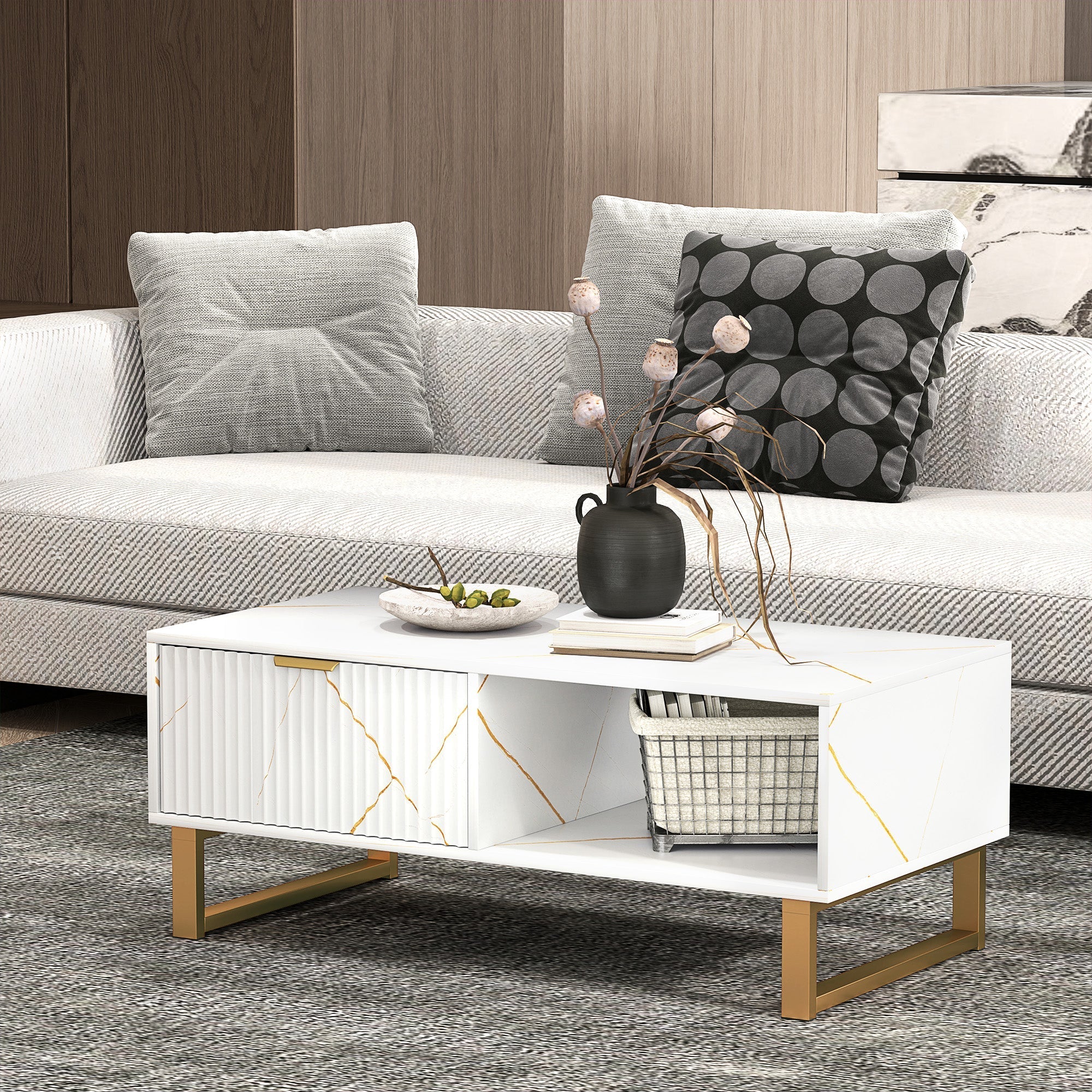 White marble-effect coffee table with gold tone accents and vertical ribbed drawers 100w x 50d from homcom
