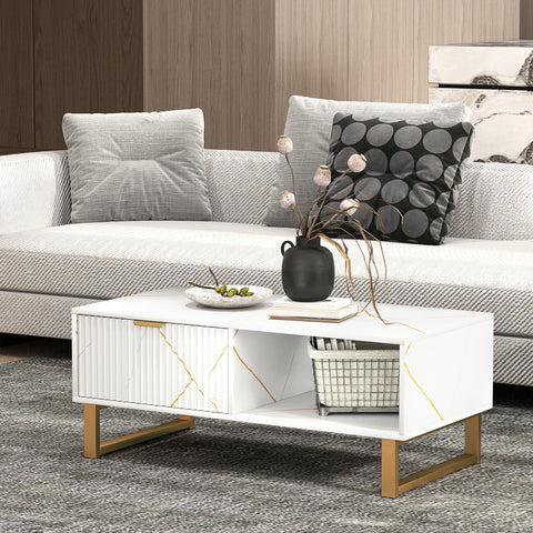 White marble-effect coffee table with gold tone accents and vertical ribbed drawers 100w x 50d from homcom