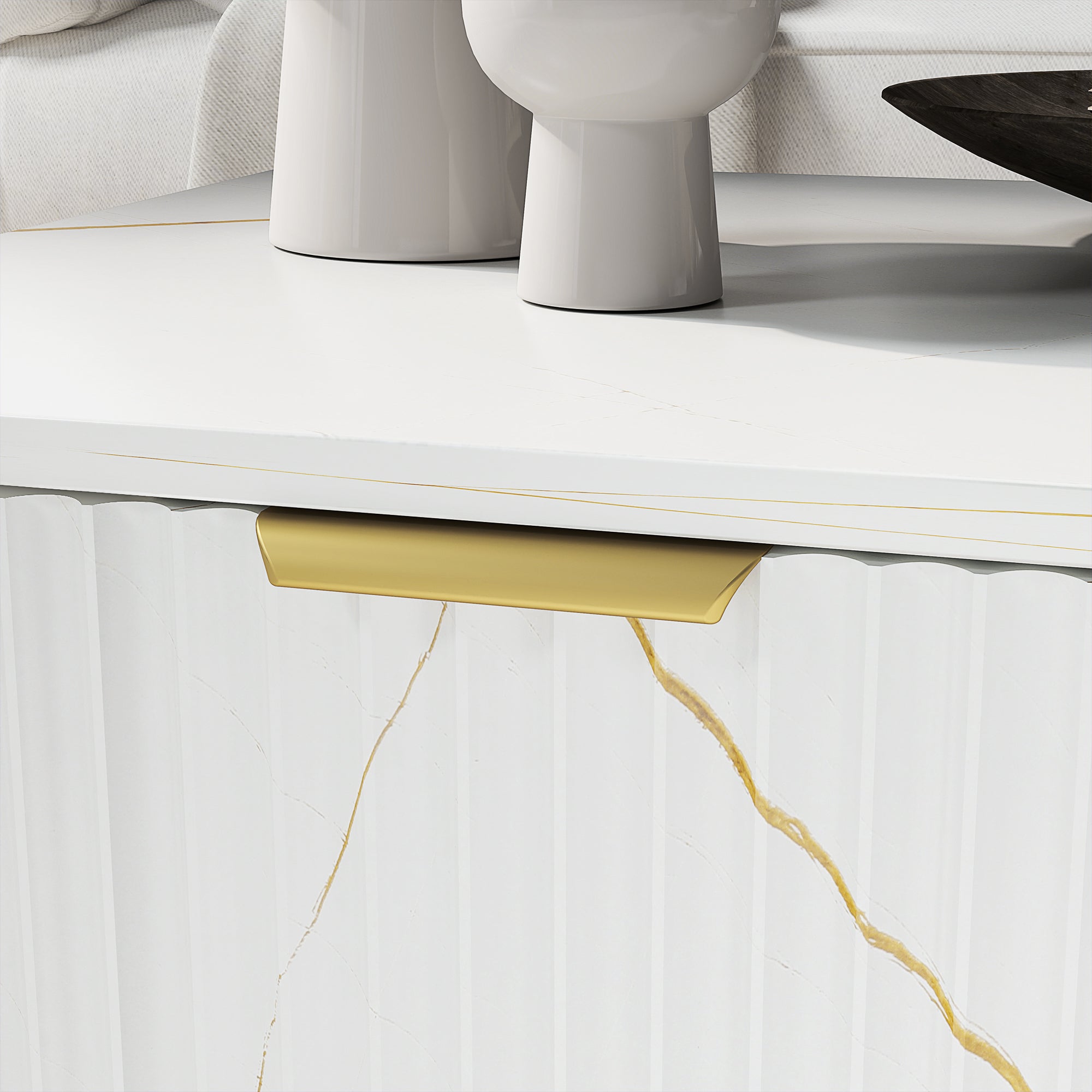 Gold tone accents on homcom elegant marble effect storage coffee table drawer pull 100w x 50d white finish