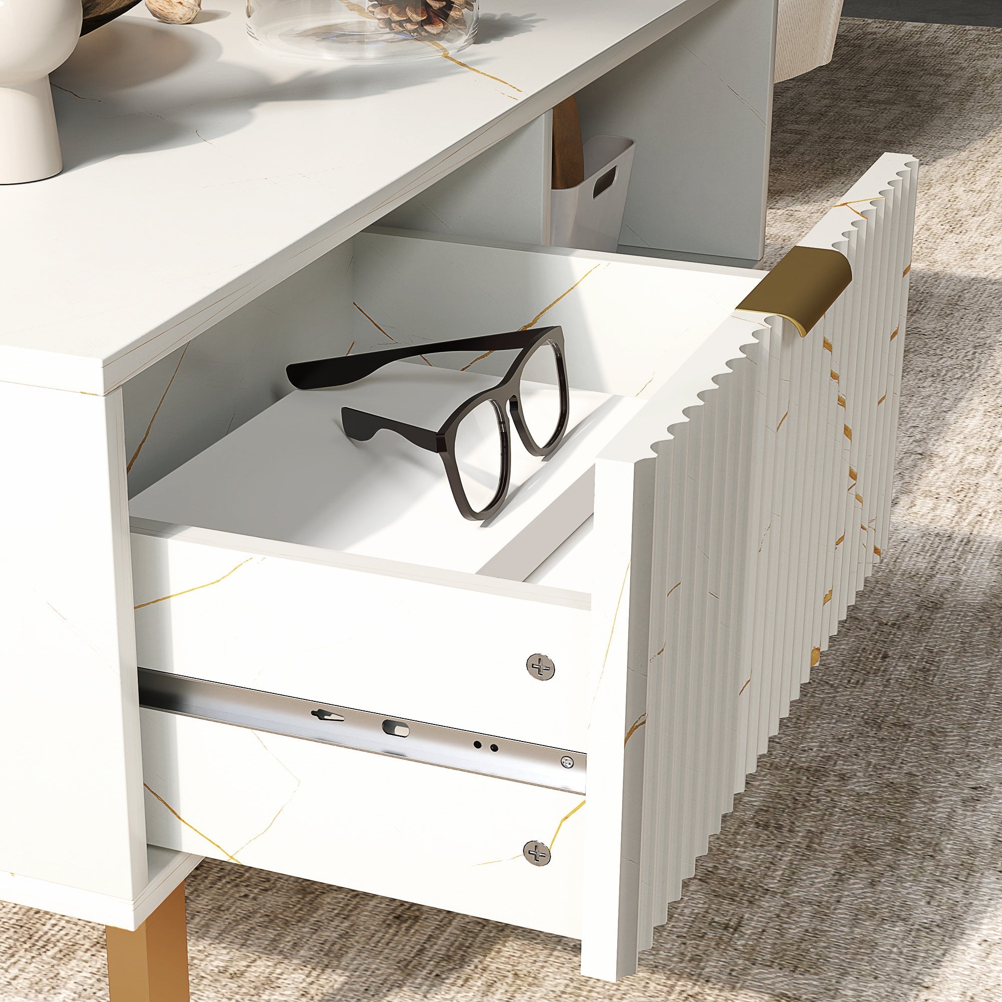 White marble effect coffee table with gold tone accents and vertical slats measuring 100w x 50d by HOMCOM