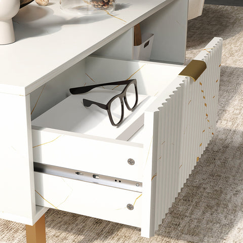 White marble effect coffee table with gold tone accents and vertical slats measuring 100w x 50d by HOMCOM
