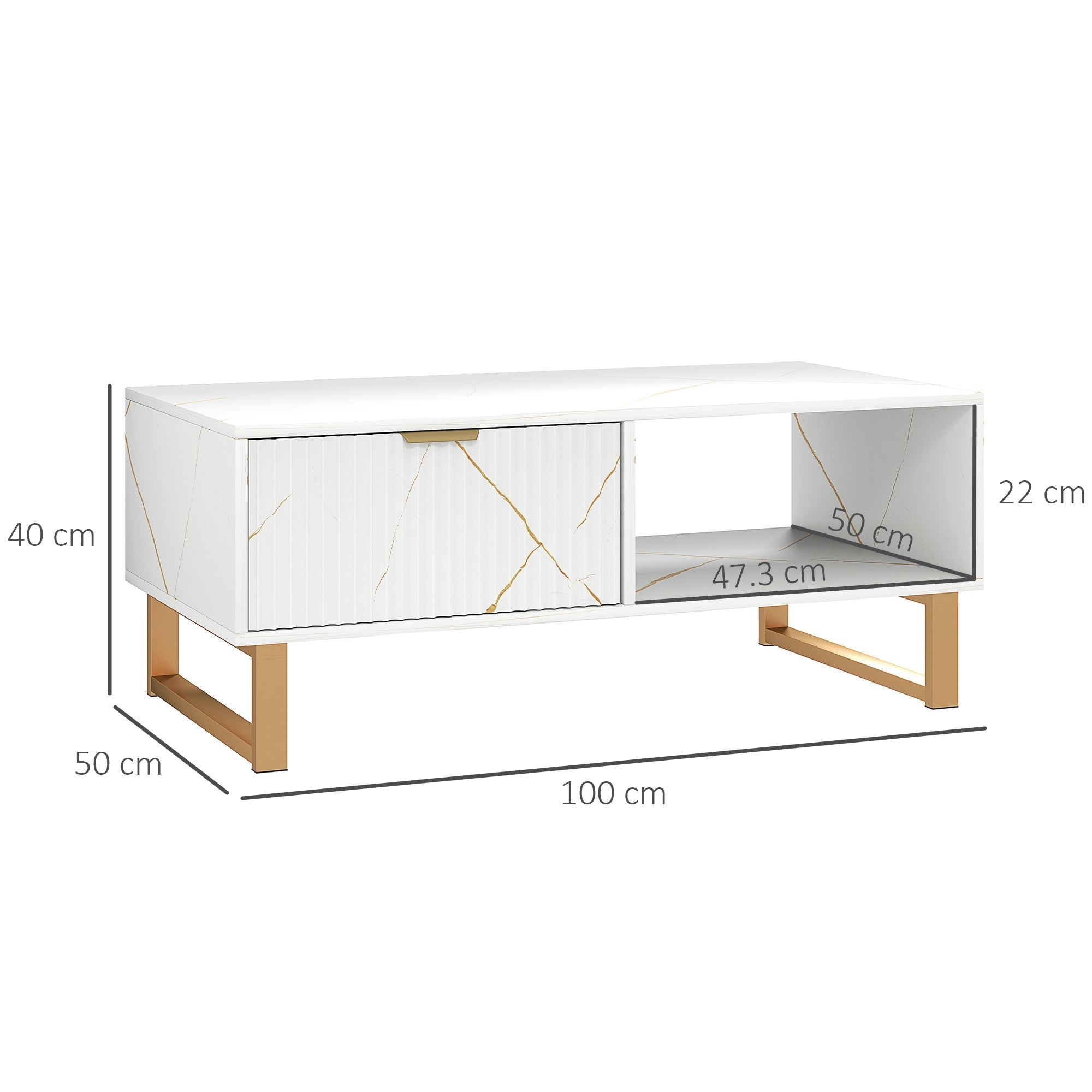 Modern white marble effect coffee table with gold tone accents 100w x 50d and a drawer for storage by homcom