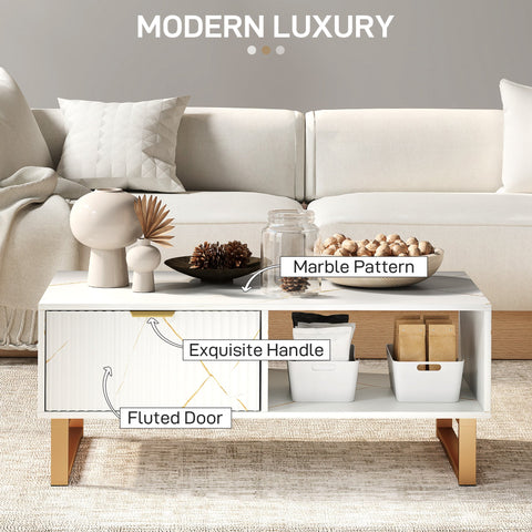 Modern luxury coffee table with white marble effect top, fluted doors, gold tone accents, and light wood legs 100w x 50d