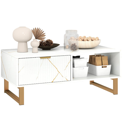 Modern white coffee table with gold tone accents marble effect and brass legs perfect for living room 100w x 50d