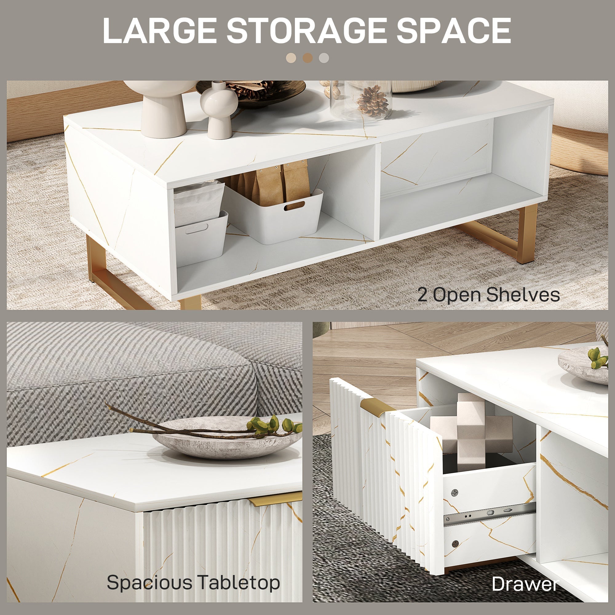 Modern white coffee table with marble effect finish gold tone accents open shelves and pull out drawer 100w x 50d
