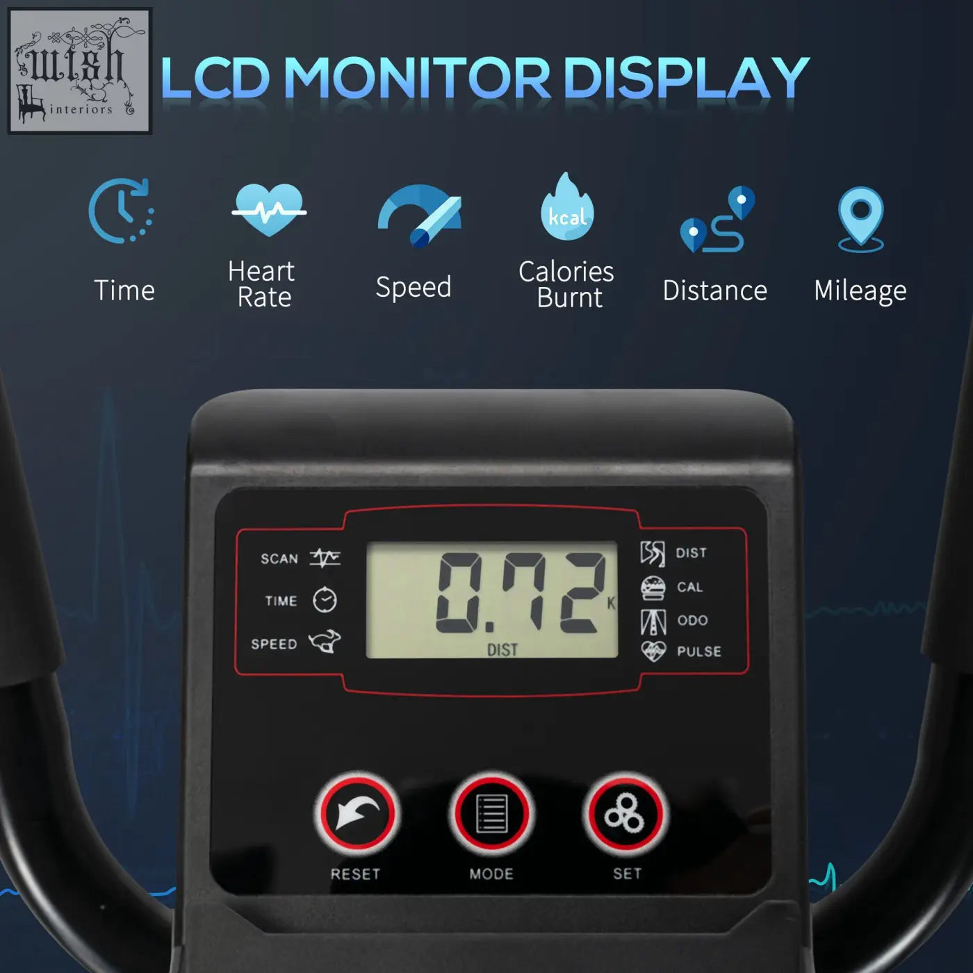 Black lcd monitor with red accents on homcom elliptical cross trainer showing 0.72 km distance and heart rate functions