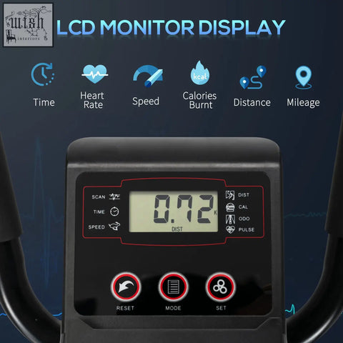 Black lcd monitor with red accents on homcom elliptical cross trainer showing 0.72 km distance and heart rate functions