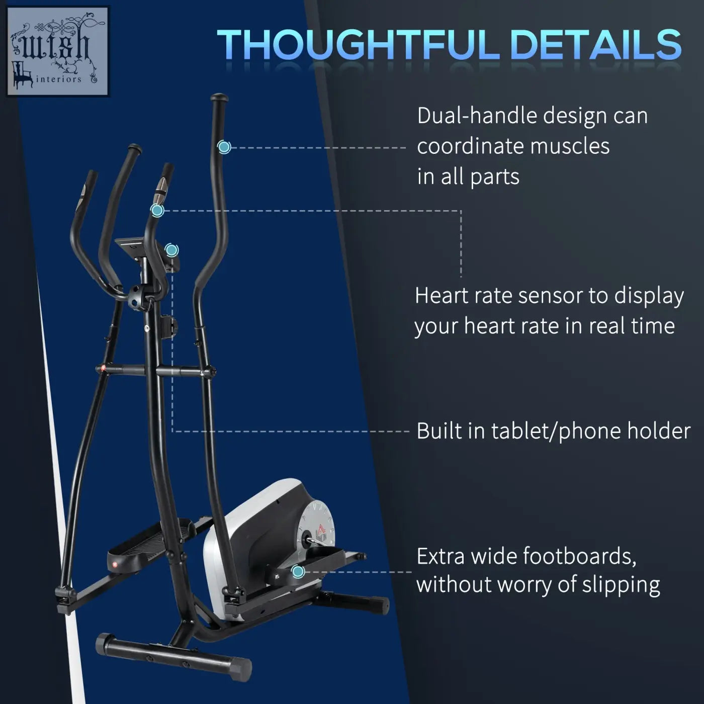 Black and silver homcom elliptical cross trainer with lcd monitor heart rate sensor dual handles and wide footboards