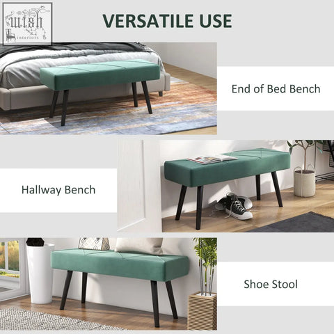 Teal upholstered homcom end of bed bench with x-shape design and powder coated steel legs for bedroom use