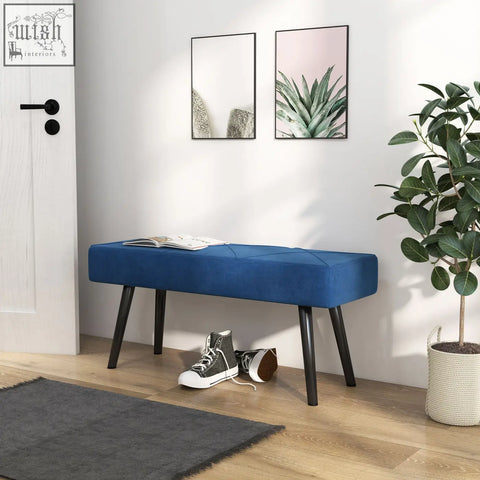 Blue velvet end of bed bench with x-shape design and powder coated steel legs for bedroom hallway use