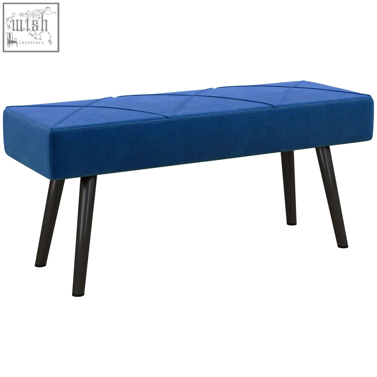 Blue velvet end of bed bench with quilted design and powder coated steel legs for bedroom or hallway use