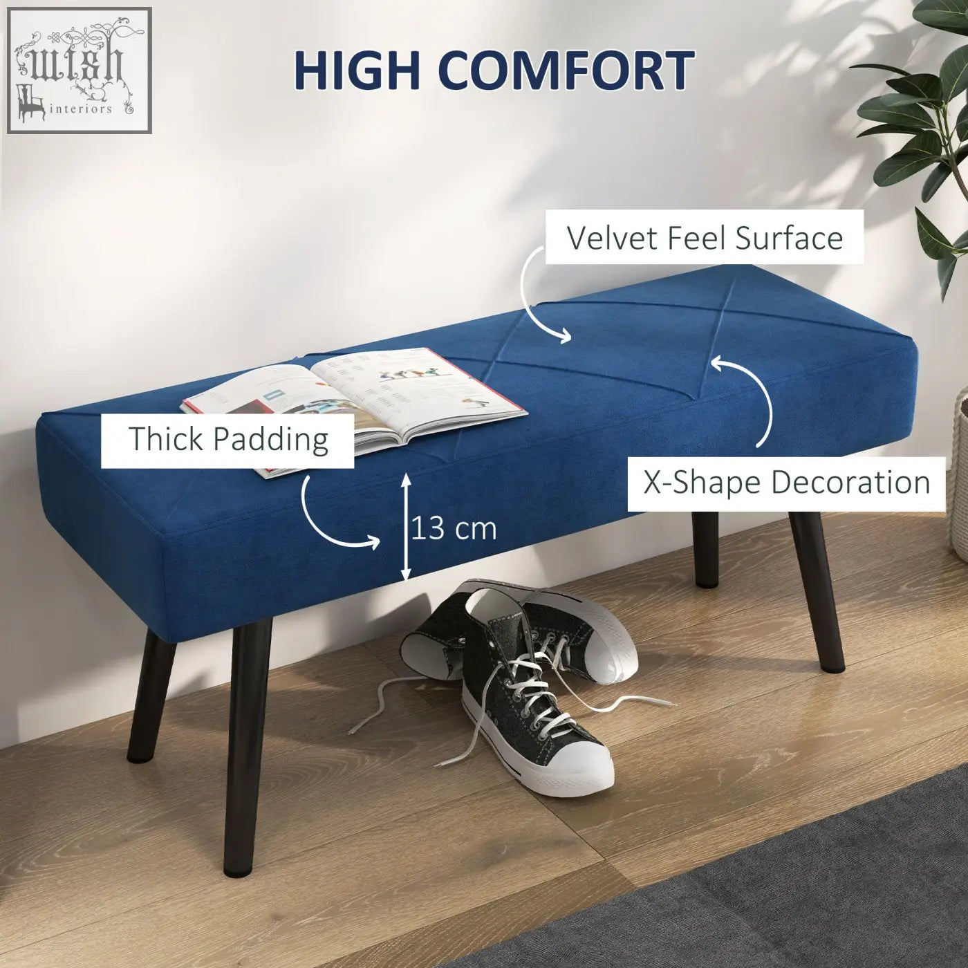 Blue velvet end of bed bench with x-shape stitching and powder coated steel legs for bedroom hallway use