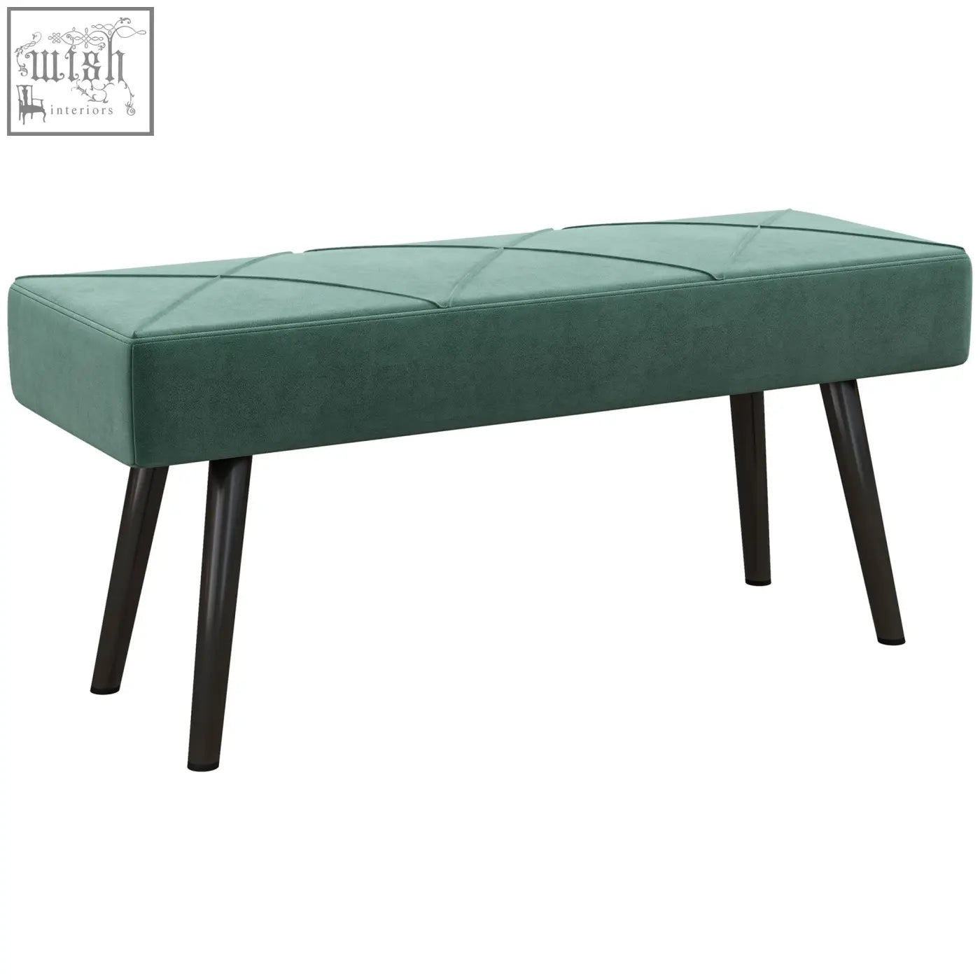 Teal velvet bench with quilted diamond pattern and powder coated steel legs for bedroom hallway use