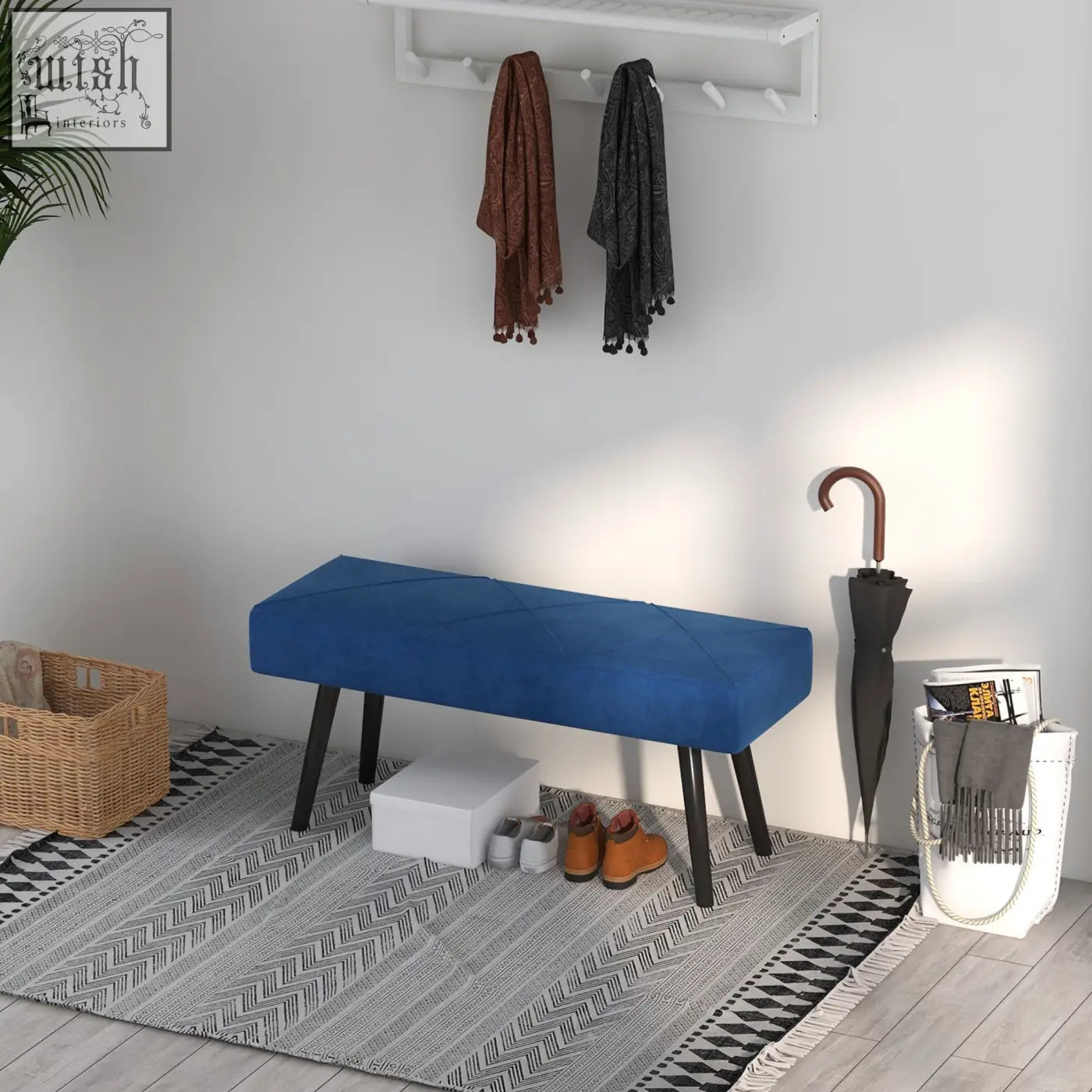Blue upholstered end of bed bench with x shape design and powder coated steel legs for bedroom hallway use