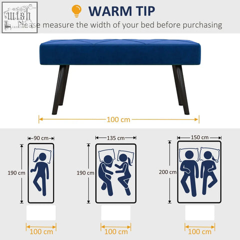 Blue upholstered end of bed bench with x-shape design and powder coated steel legs for bedroom use