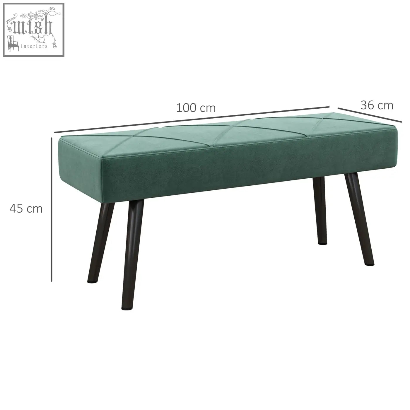 Emerald green velvet bench with quilted top and powder coated steel legs perfect for bedroom hallway seating