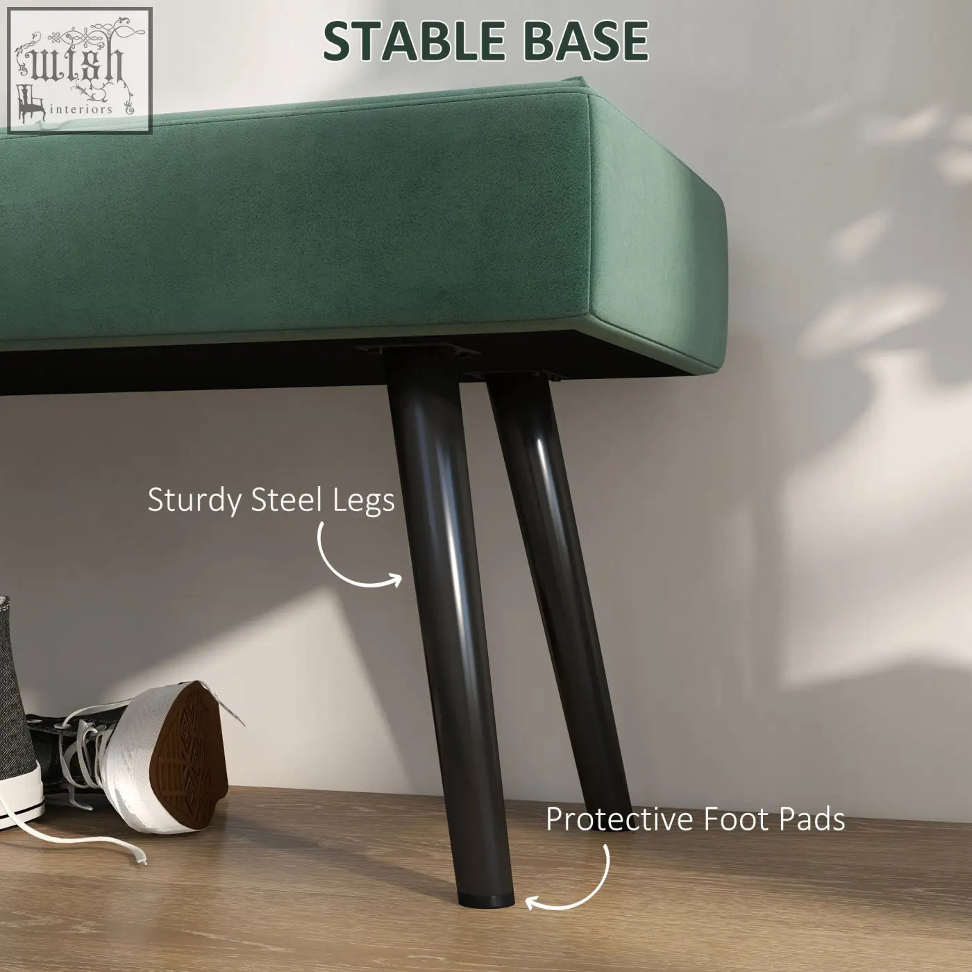 Teal velvet bench with x-shape powder coated steel legs and protective foot pads for bedroom or hallway use