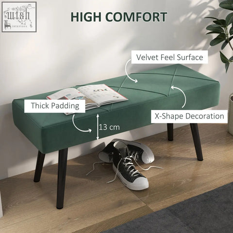 Emerald green velvet HOMCOM end of bed bench with quilted x-shape design and powder coated steel legs
