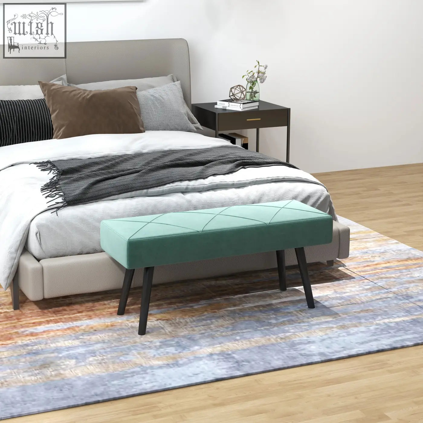 Teal quilted velvet end of bed bench with x-shape design and powder coated steel legs for bedroom use