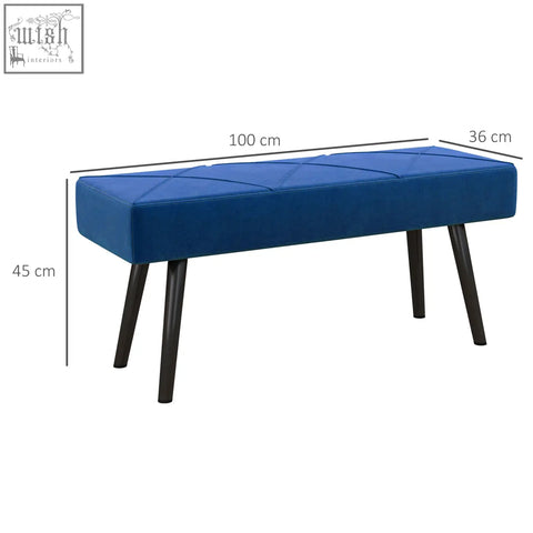 Blue velvet end of bed bench with x-shape design and powder coated steel legs for bedroom hallway use