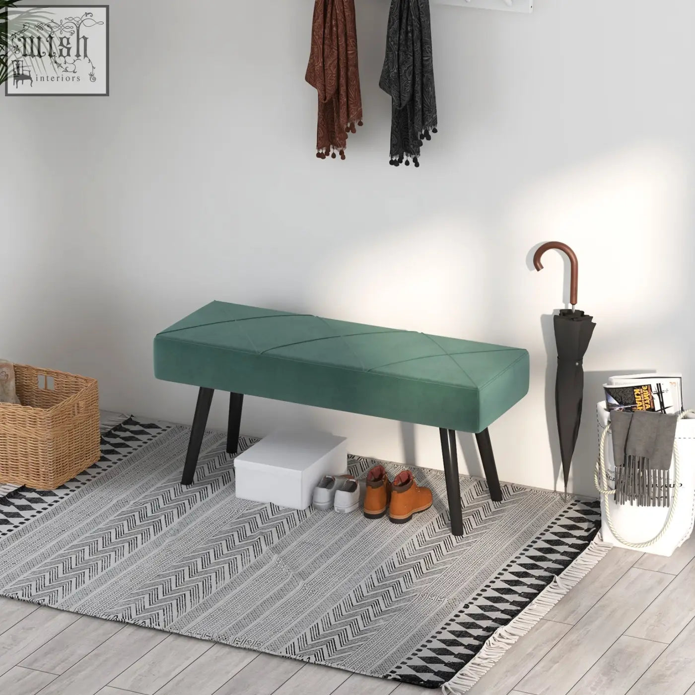 Teal velvet end of bed bench with x-shape design and powder coated steel legs for hallway or bedroom seating