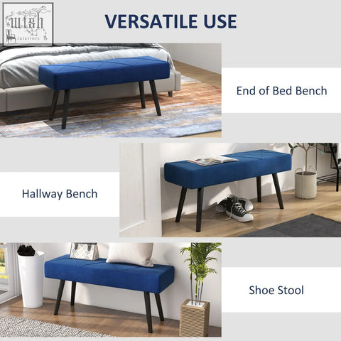 Blue upholstered end of bed bench with x-shape design and powder coated steel legs for bedroom hallway use