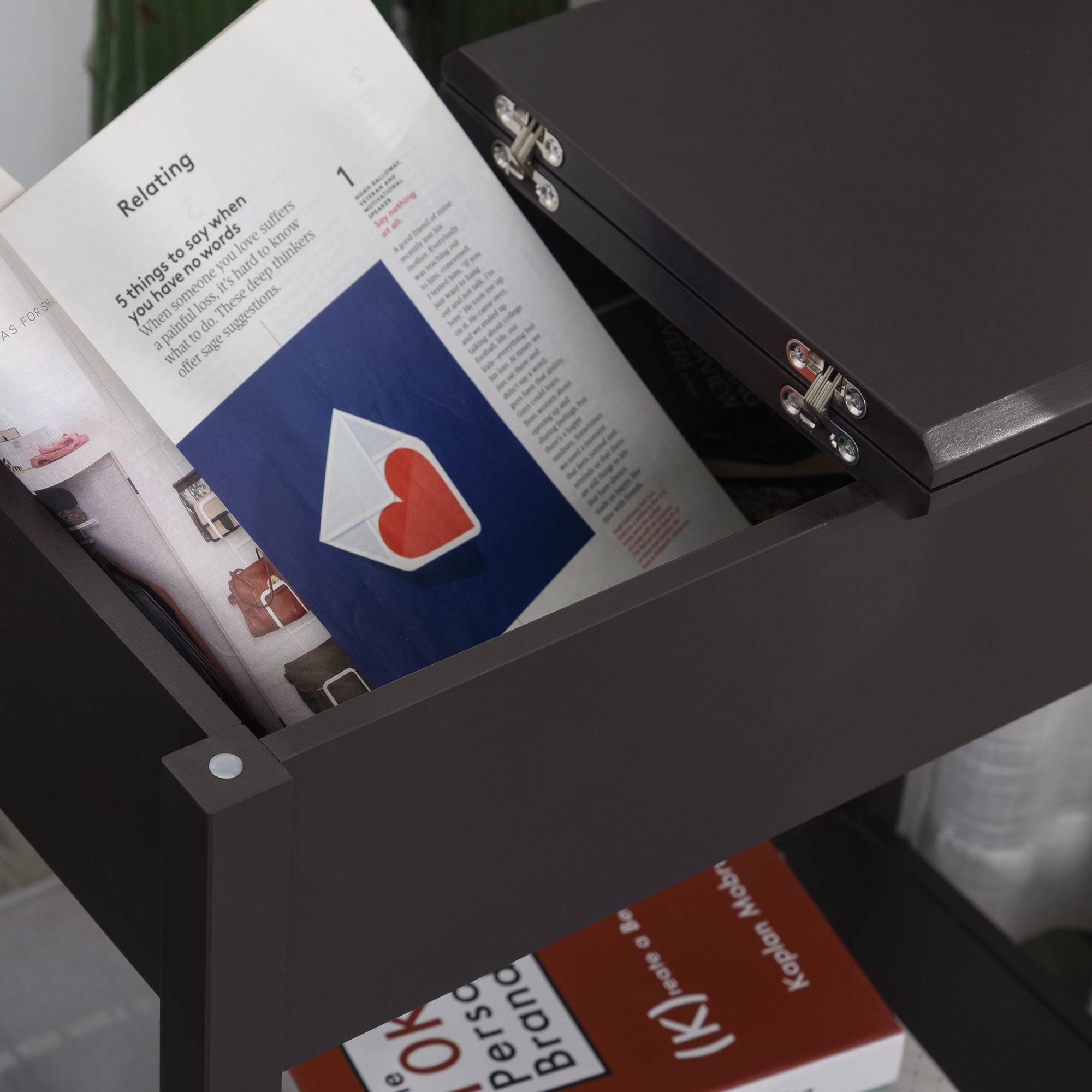 Black wooden desk drawer with silver latches partially open showing magazine in homcom dark coffee solid mdf end table