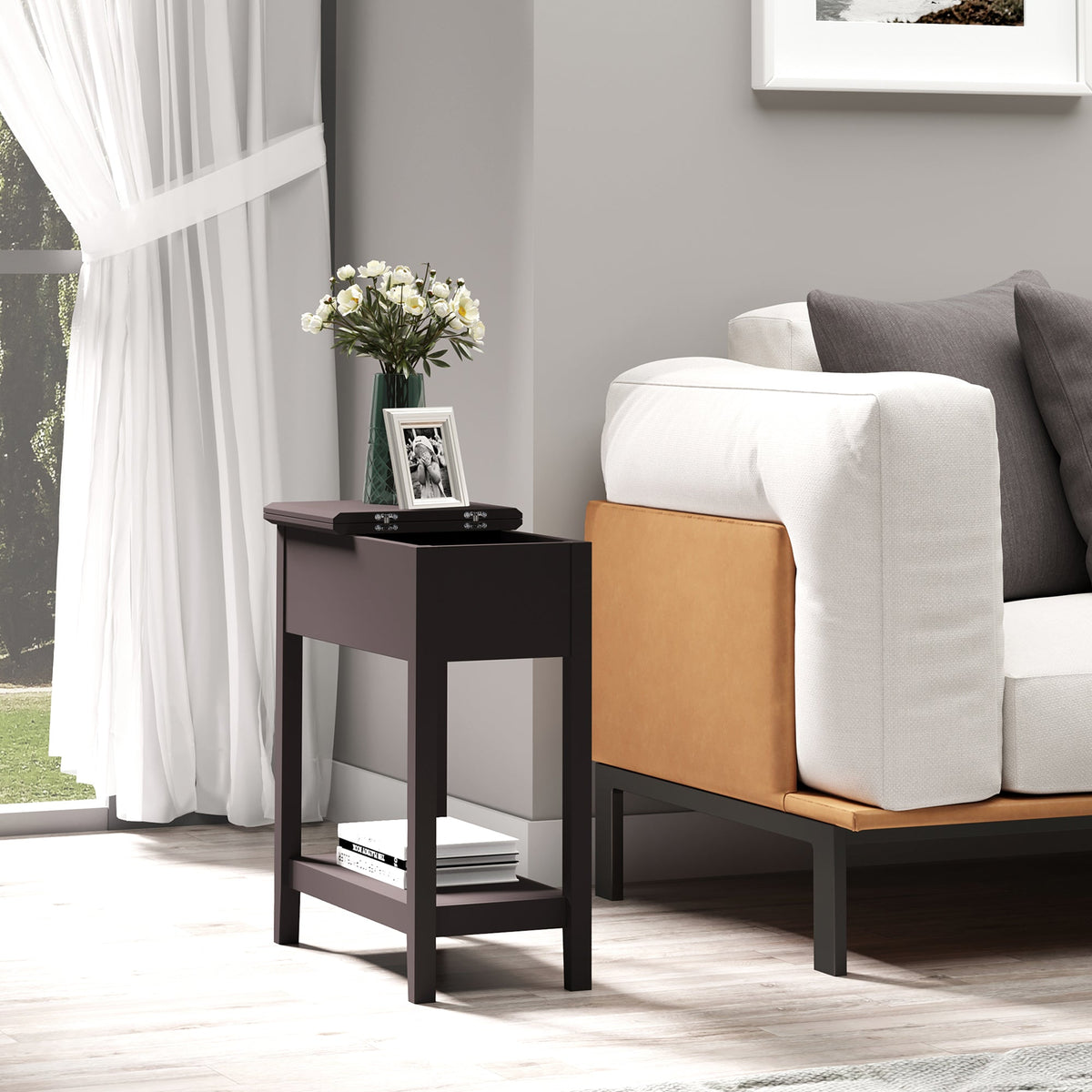 Dark coffee wooden end table with single drawer and lower shelf perfect for living room small spaces
