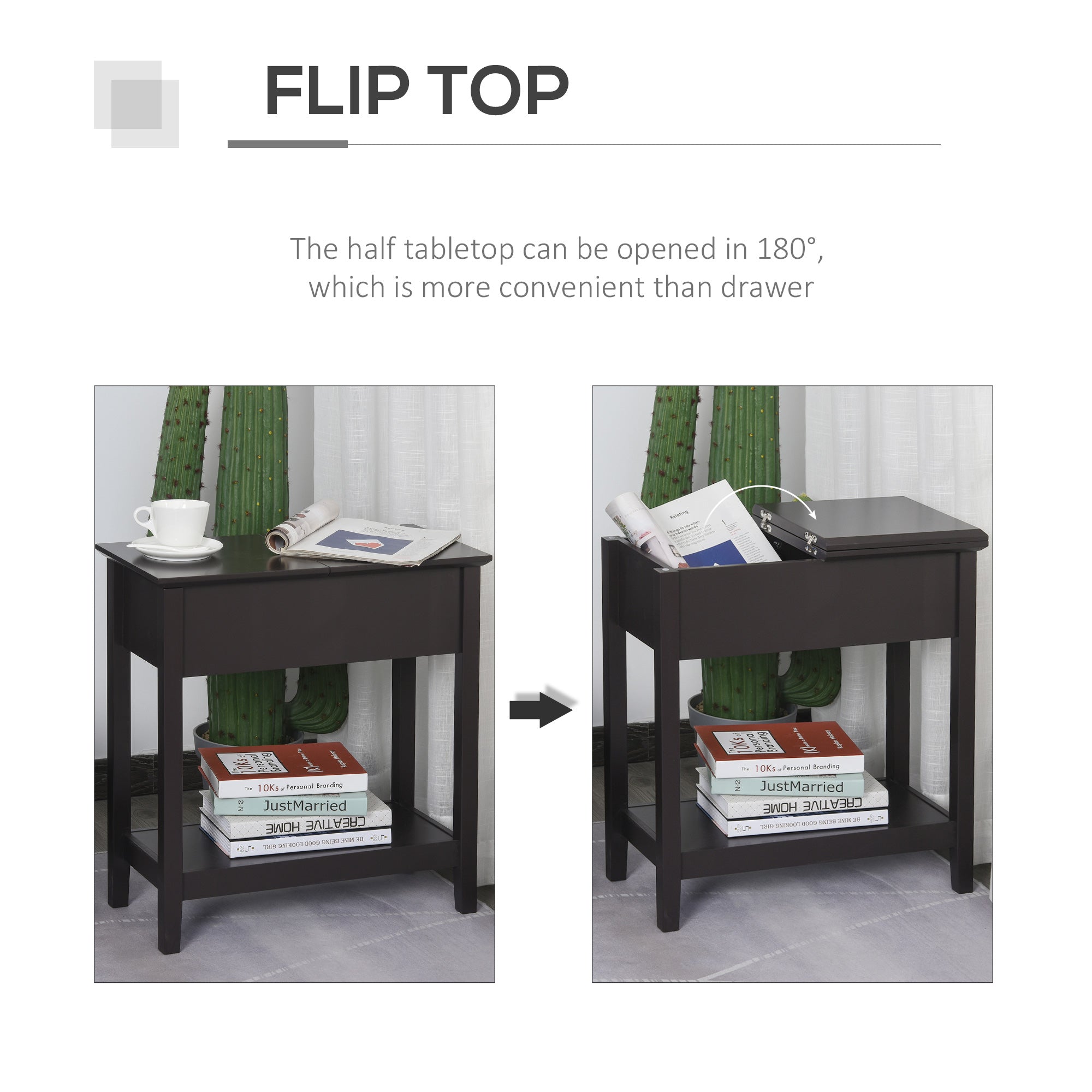 Dark coffee end table with flip top and shelf made of solid mdf for compact living spaces by homcom