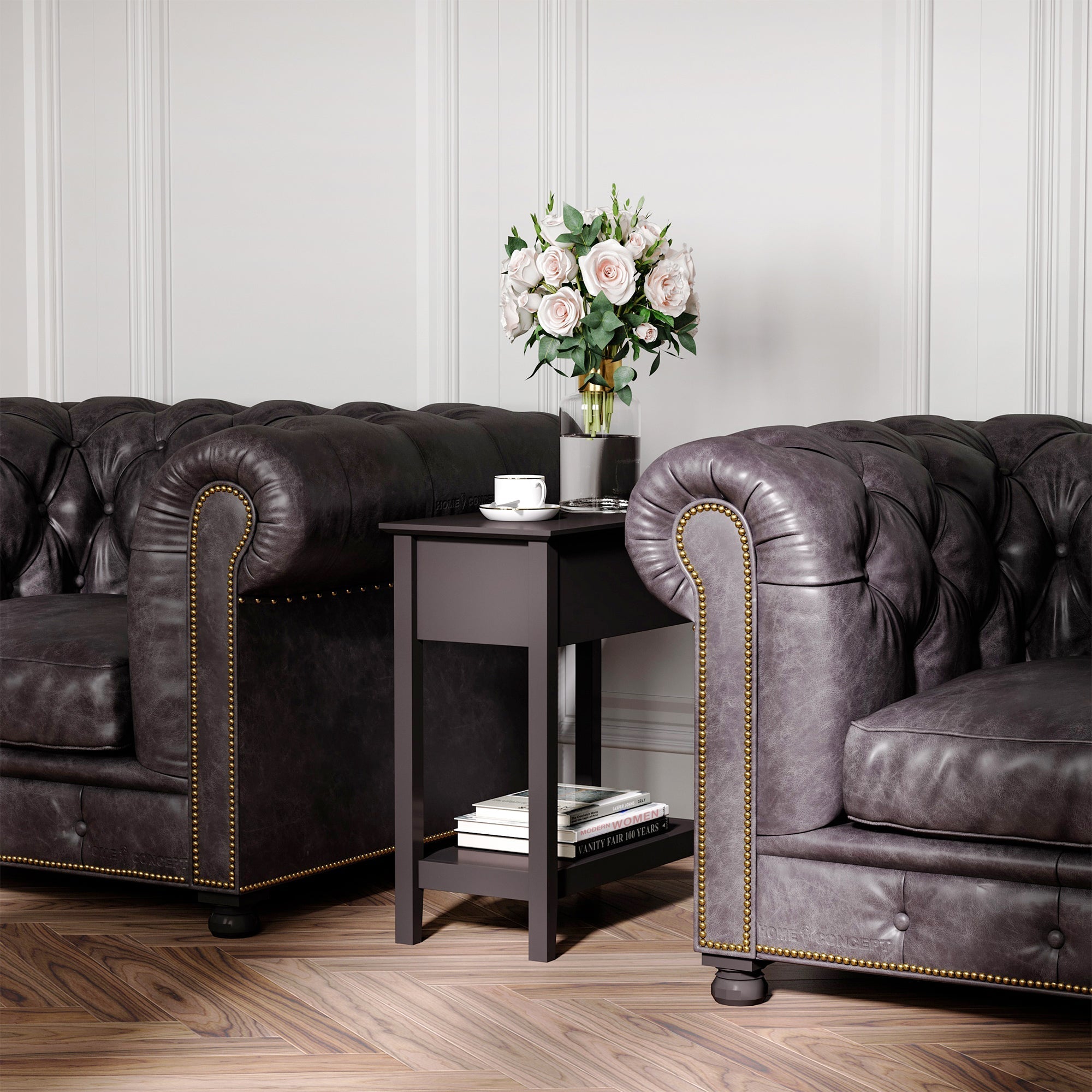 Dark brown leather chesterfield sofa with gold nailhead trim next to a homcom dark coffee solid mdf end table with flip top shelf