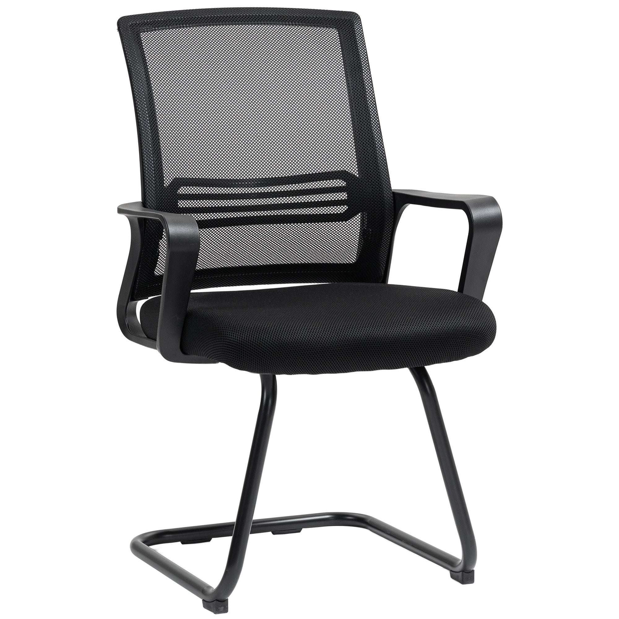 Black mesh office chair with padded seat, ergonomic backrest, breathable mesh fabric and sled base for office or home use