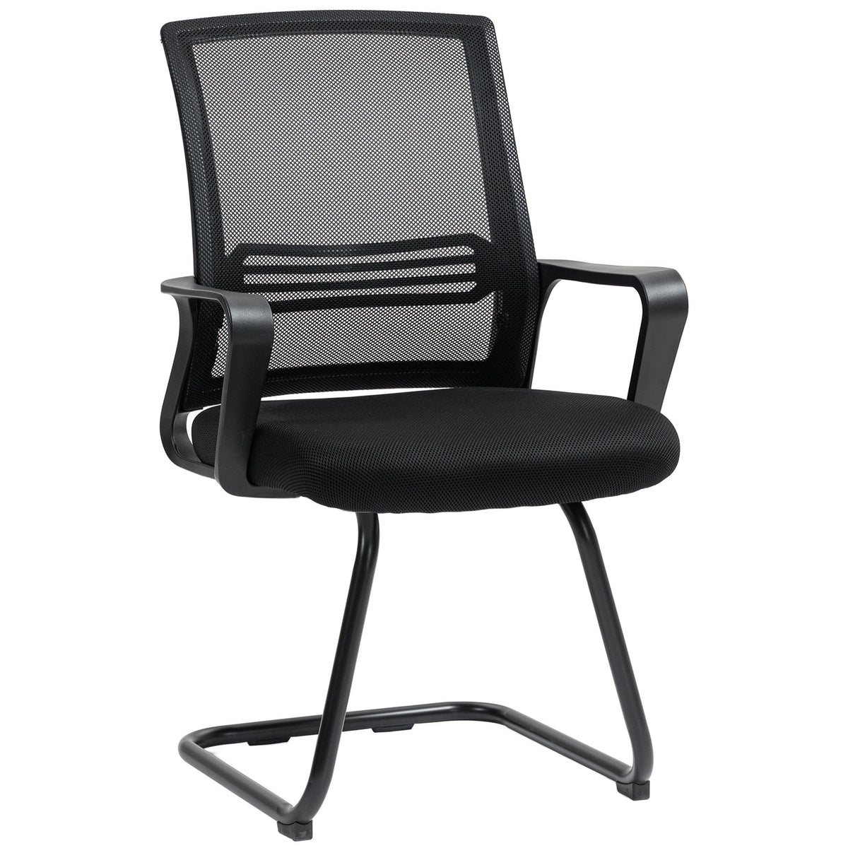 Black mesh office chair with padded seat, ergonomic backrest, breathable mesh fabric and sled base for office or home use